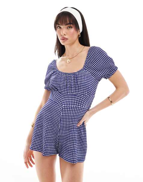 Wednesday's Girl gingham bardot detail playsuit in blue - view 1