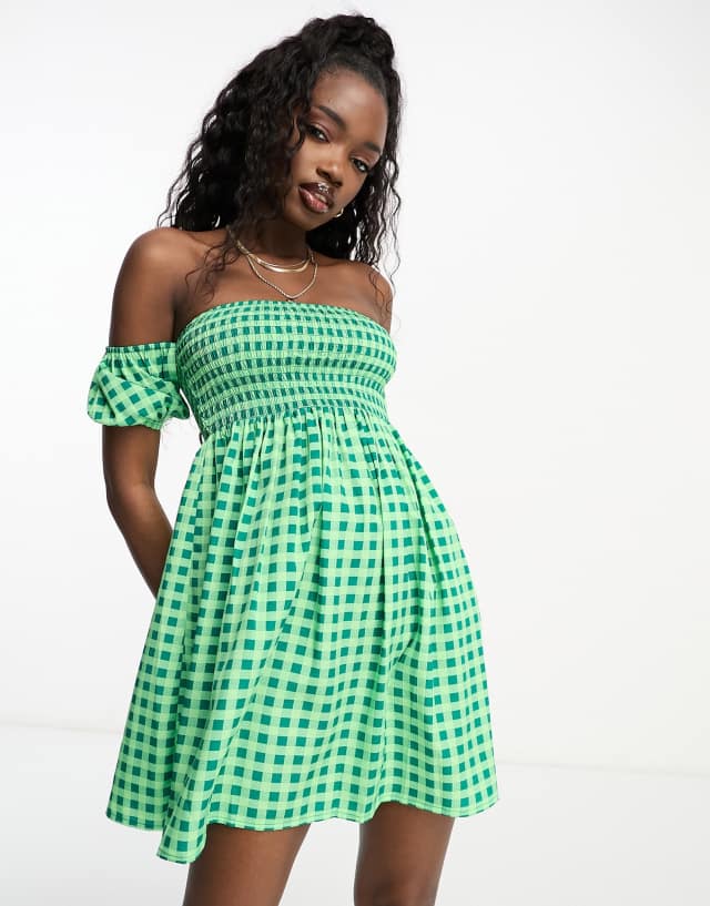 Wednesday's Girl gingham off shoulder shirred mini dress in green