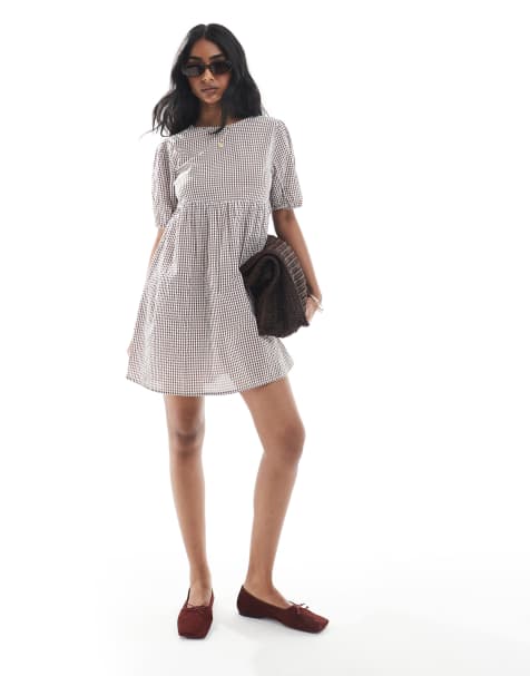Wednesday's Girl gingham smock mini dress in brown - view 1