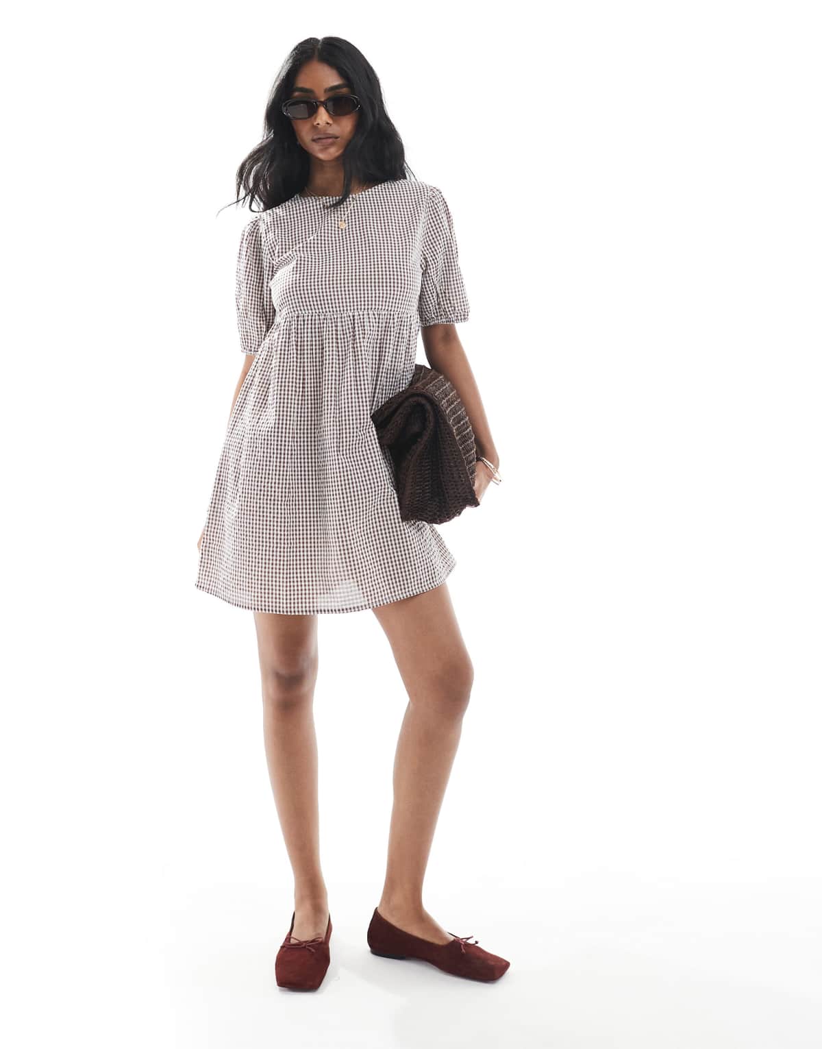 Wednesday's Girl gingham smock mini dress in brown
