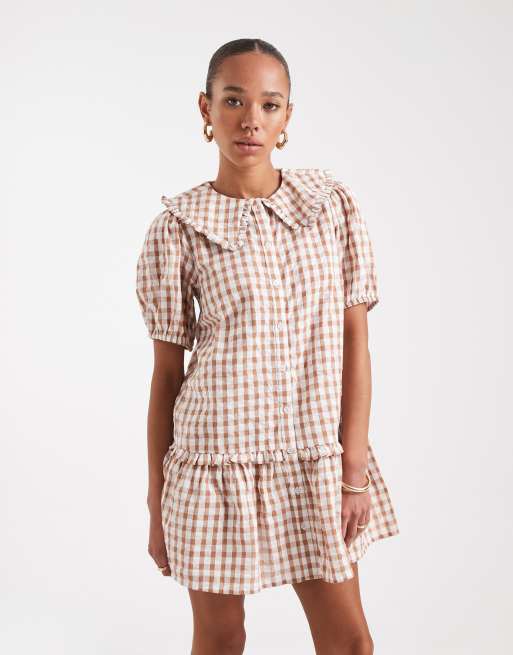 Wednesday's Girl gingham textured smock mini dress in rust, 3 of 4