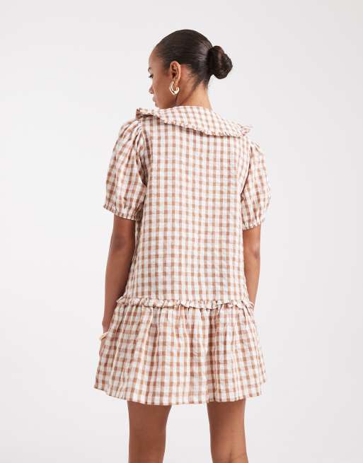 Wednesday's Girl gingham textured smock mini dress in rust, 4 of 4