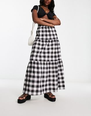 Wednesday's Girl gingham tiered maxi skirt in black