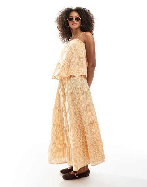 Wednesday's Girl gingham tiered midaxi skirt in yellow (part of a set) - view 1