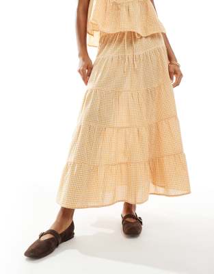 Wednesday's Girl Gingham Tiered Midaxi Skirt In Yellow