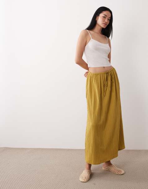 Wednesday's Girl - Gonna al polpaccio ampia color kaki caldo con laccetti - view 1