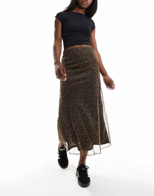 Wednesday's Girl - Gonna al polpaccio in rete color cuoio con stampa leopardata