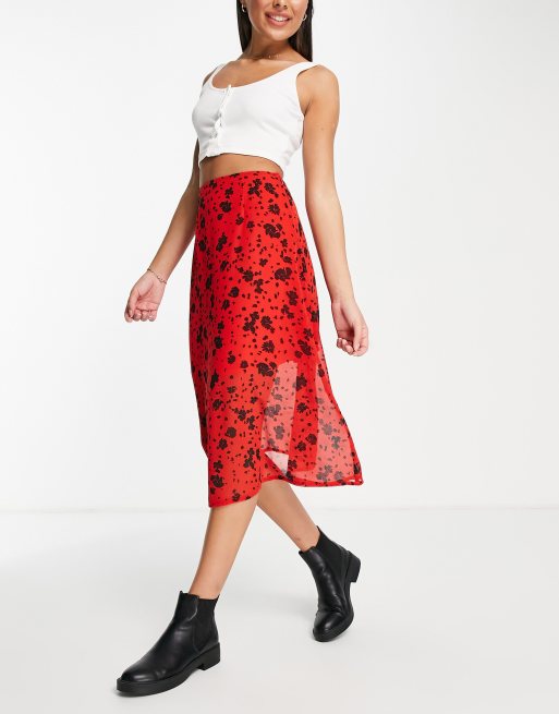 Wednesday's Girl - Gonna midi con stampa a fiori rossa e nera 