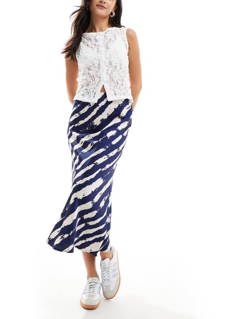 Wednesday's Girl - Gonna midi in raso blu con stampa stile pennellate