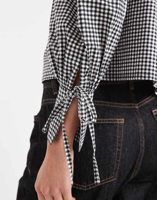 Wednesday's Girl - Grå oversized langærmet bluse med krave og tern, 3 af 4