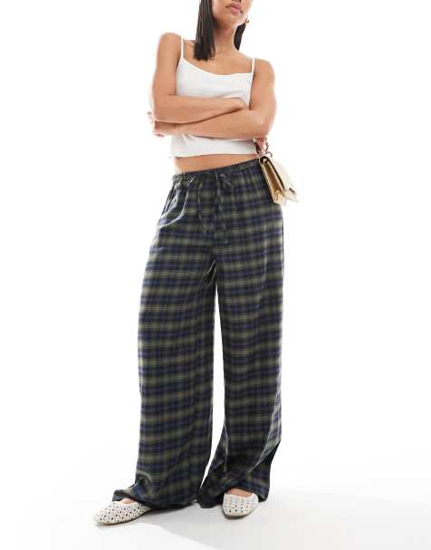 Wednesday's Girl check print wide leg trousers in green and navy