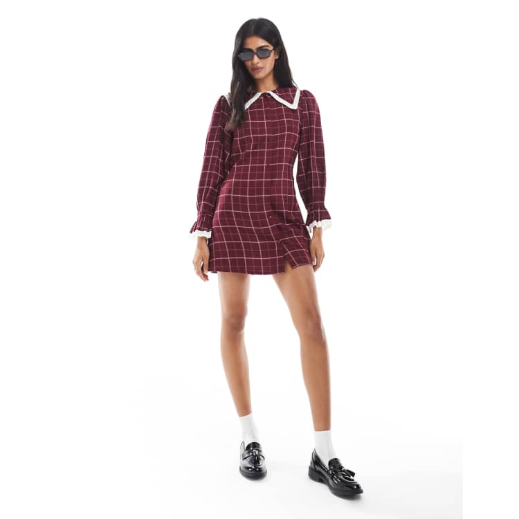 Ameri　CHECK JACKET MINI DRESS Wednesday's Girl grid check collar detail mini dress in