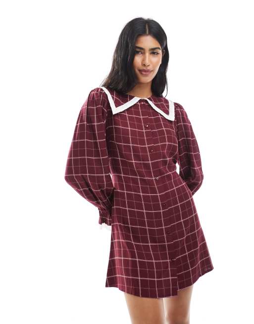 Wednesday's Girl grid check collar detail mini dress in burgundy | ASOS