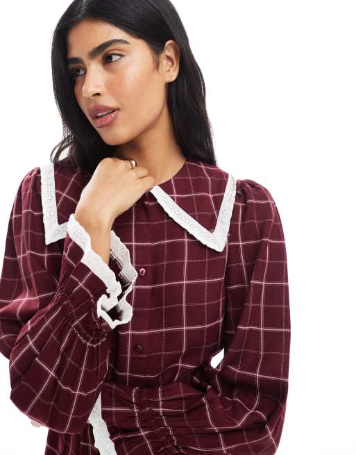Wednesday's Girl grid check collar detail mini dress in burgundy | ASOS