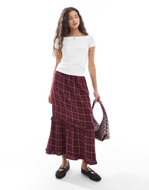 Wednesday's Girl grid check ruffle detail midaxi skirt in burgundy - view 1