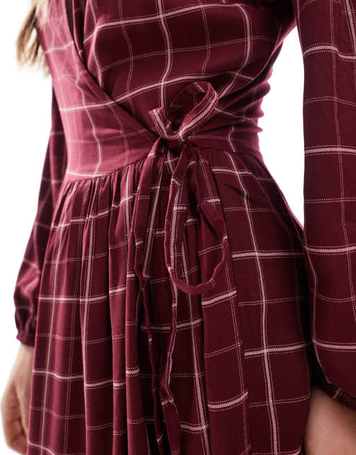 Wednesday's Girl grid check wrap midaxi in burgundy, 2 of 4