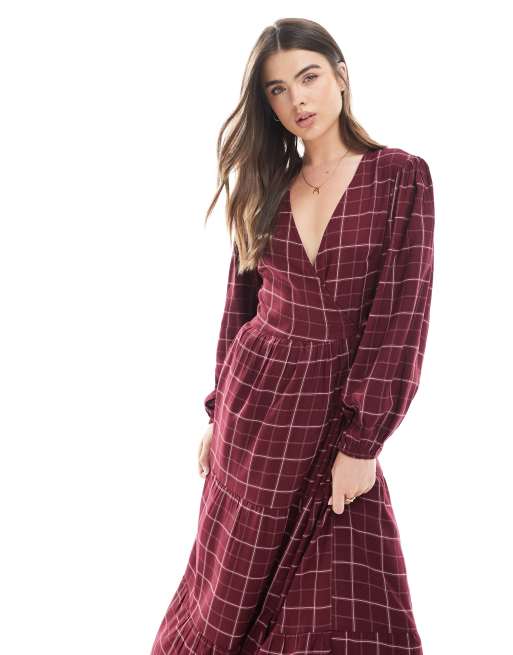 Wednesday's Girl grid check wrap midaxi in burgundy, 3 of 4