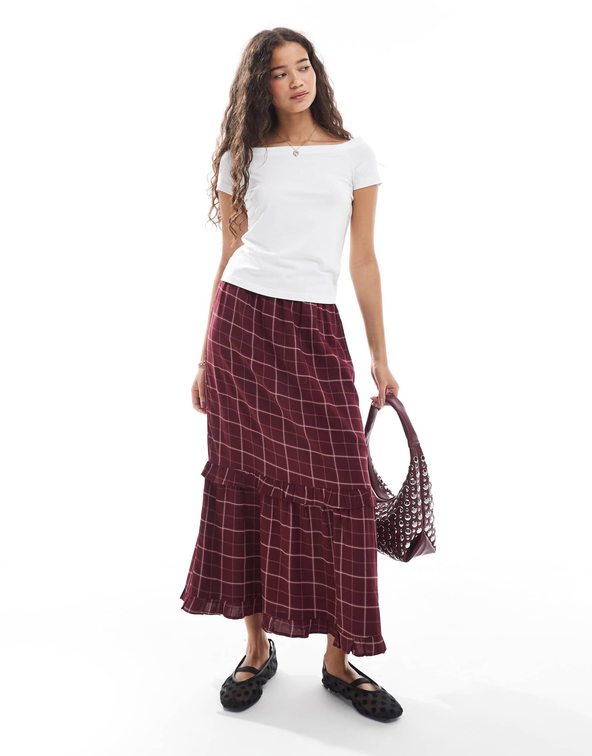 wednesday's girl grid plaid ruffle detail midaxi skirt in burgundy