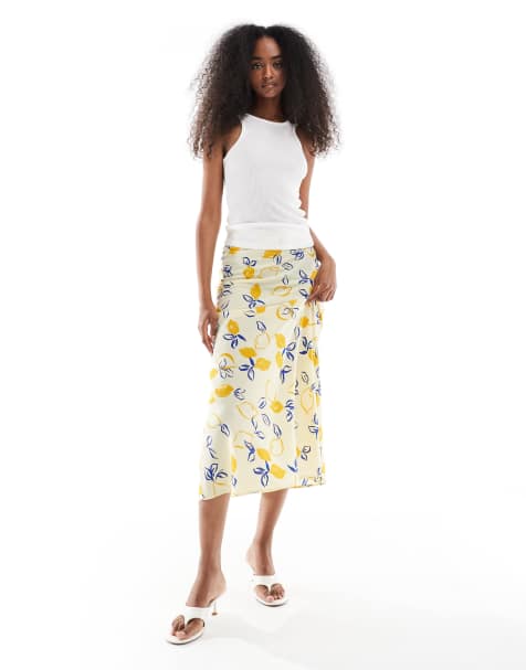 Wednesday's Girl - Gul midaxi-nederdel i skråtskåret stof med citronprint - view 1