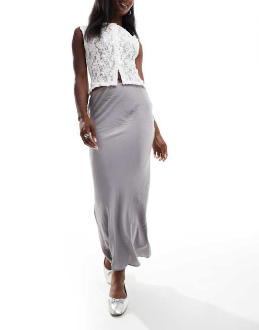 Wednesday's Girl - Halflange rok van schuingesneden gekreukt satijn in zilvergrijs