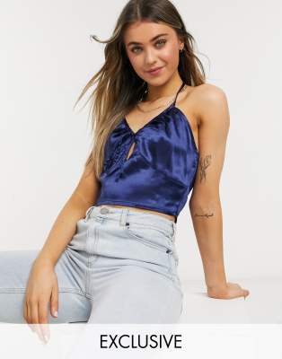 Navy satin crop top on sale