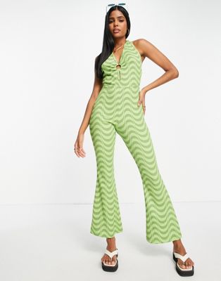 Wednesday's Girl halter neck wide leg jumpsuit with ring detail in green wavy print