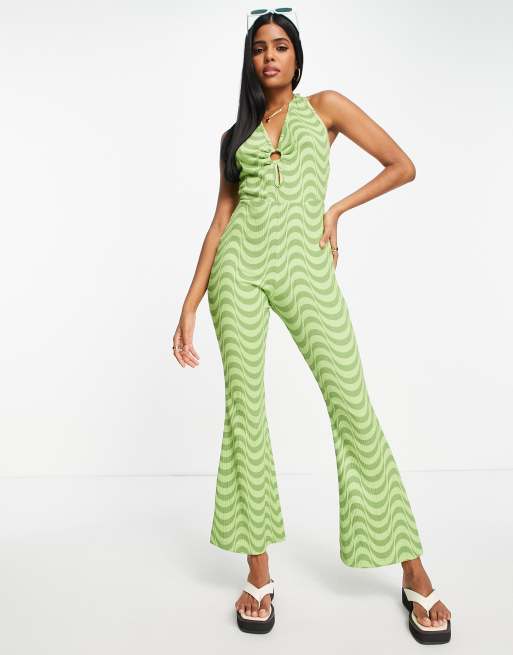 Green best sale striped jumpsuit