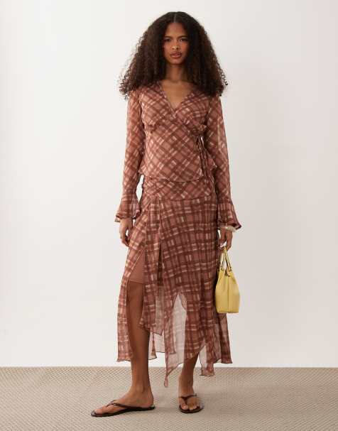 Wednesday's Girl hanky hem midaxi skirt in brown tartan - part of a set - view 1