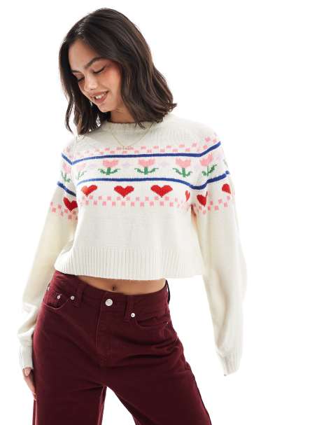Wednesday's Girl heart/flower intarsia Fair Isle sweater in cream multi - view 1