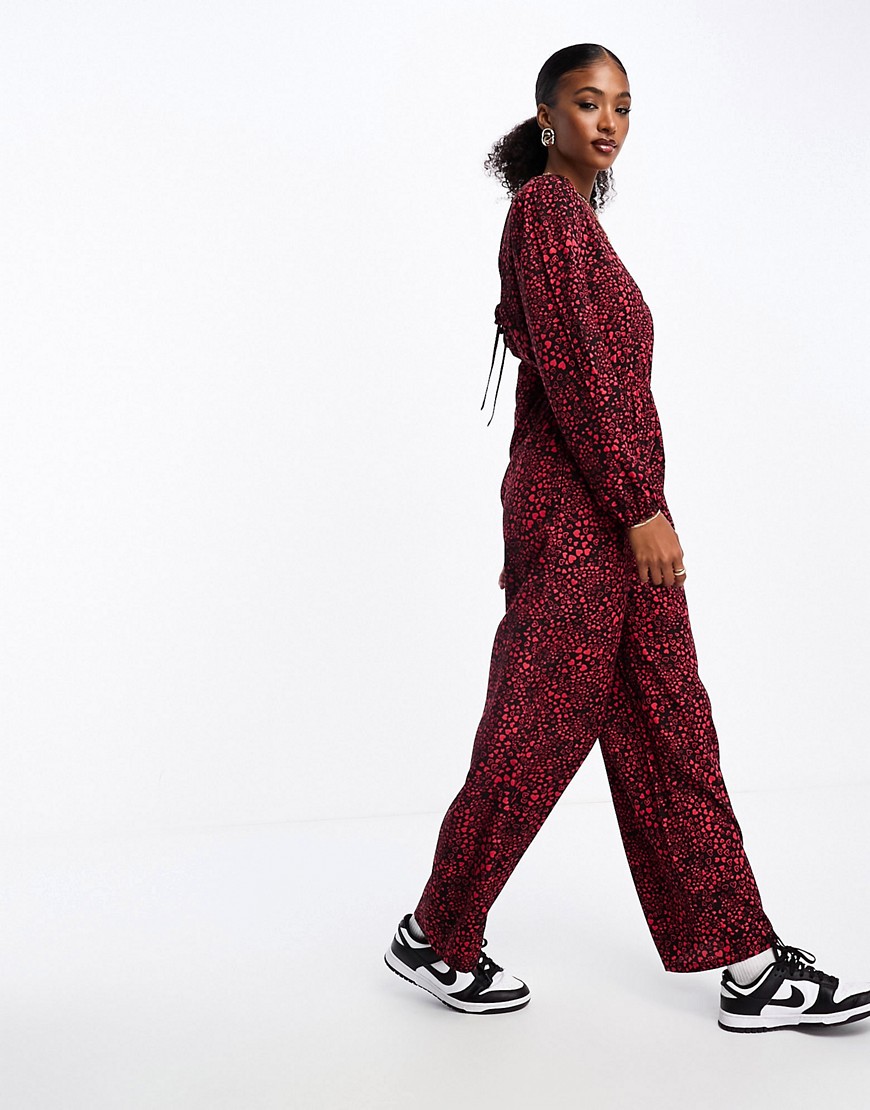 Wednesday's Girl heart print tie-back detail puff sleeve jumpsuit in red and black