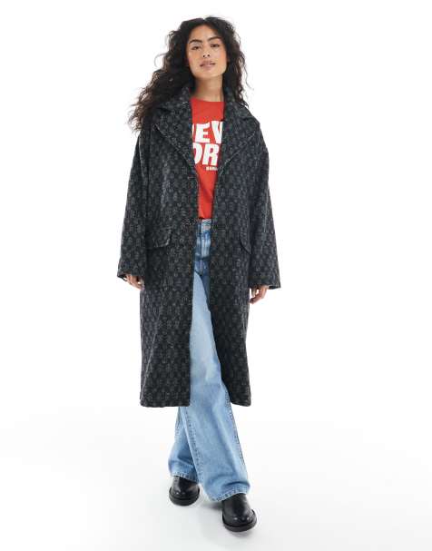 Wednesday's Girl herringbone longline coat in gray - view 1