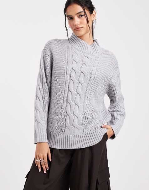 Wednesday's Girl high neck cable knit jumper in grey - view 1