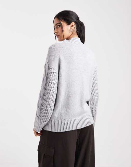 Wednesdays Girl high neck cable knit jumper in grey, 2 of 4