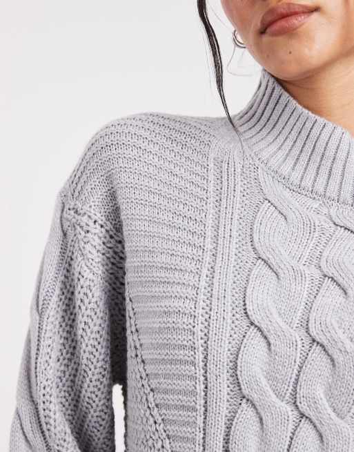 Wednesdays Girl high neck cable knit jumper in grey, 3 of 4