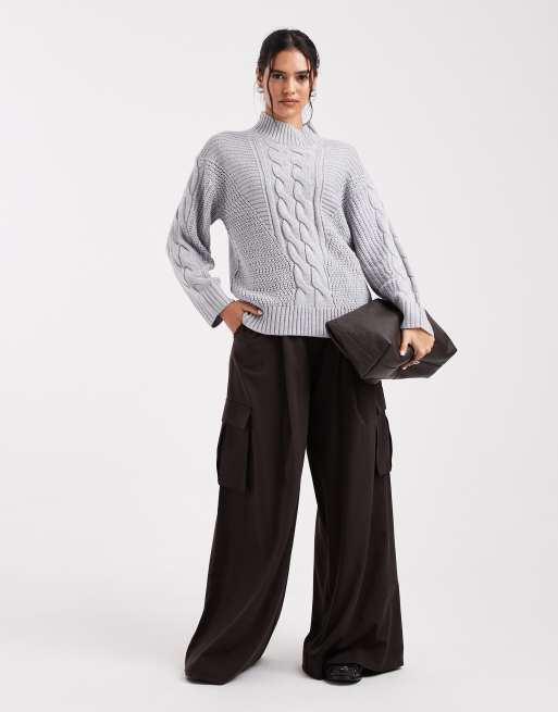 Wednesdays Girl high neck cable knit jumper in grey, 4 of 4