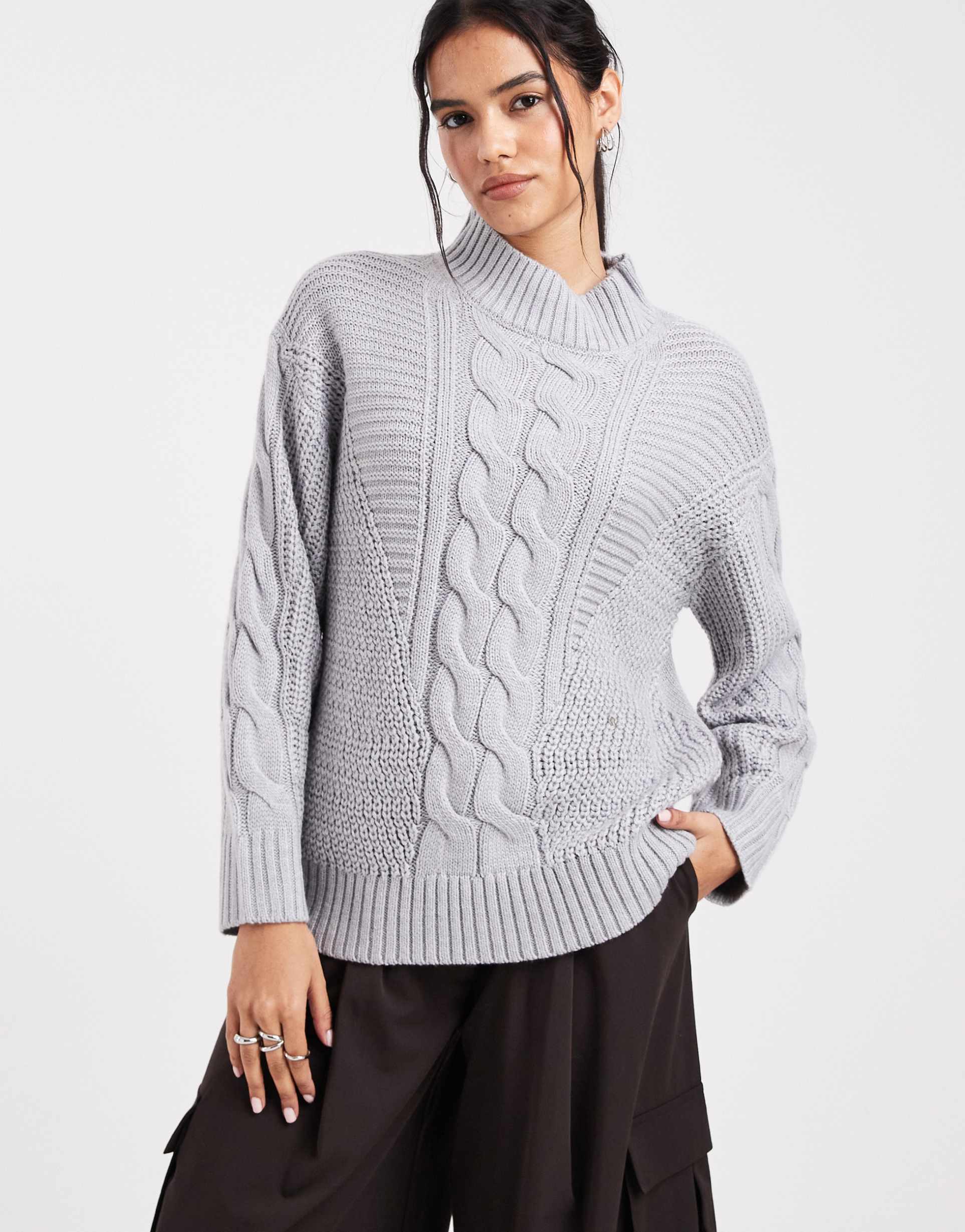 wednesday's girl high neck cable knit sweater in gray