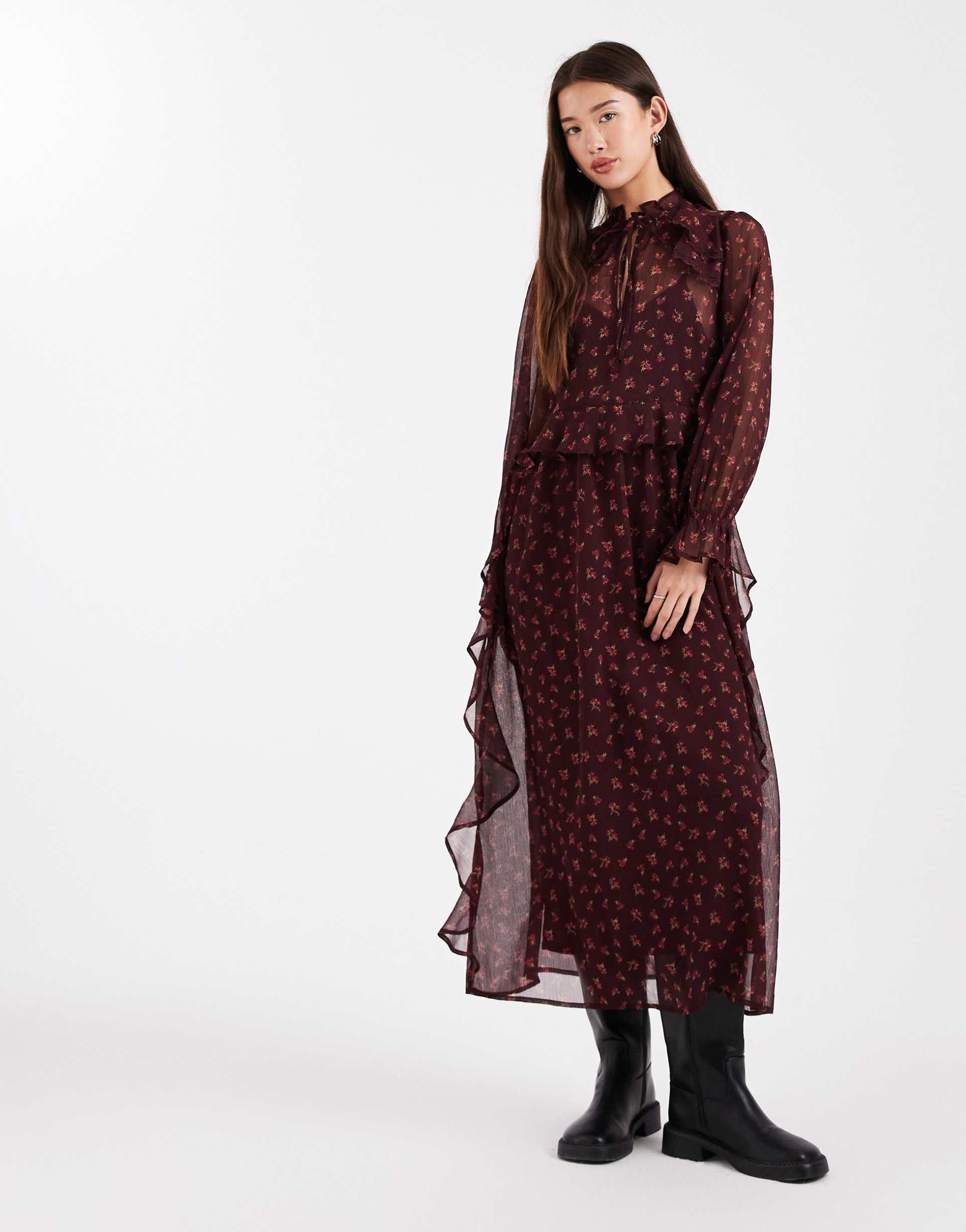 wednesday's girl high neck floaty midaxi dress in floral plum print
