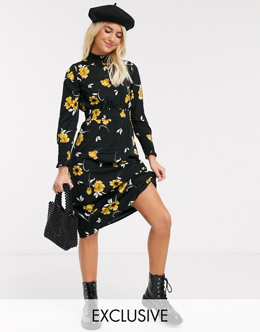 Wednesday's Girl high neck midi dress with shirred waist in bright floral