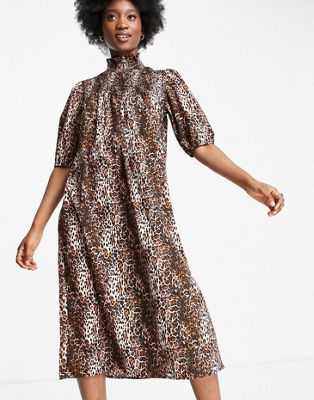 Wednesday's Girl high neck midi smock dress with shirring in grunge leopard