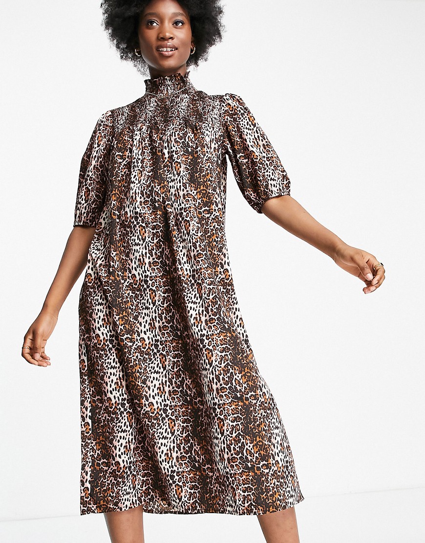 Wednesday's Girl high neck midi smock dress with shirring in grunge leopard-Multi