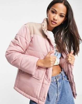 Wednesday's Girl high neck puffer jacket in pink contrast - ASOS Price Checker