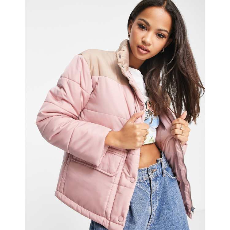 Wednesday s Girl high neck puffer jacket in pink contrast ASOS