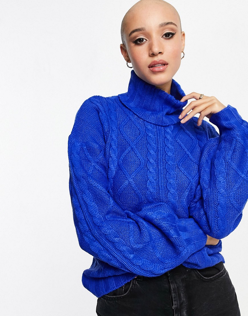 Wednesday's Girl high neck sweater with balloon sleeves in chunky knit-Blues