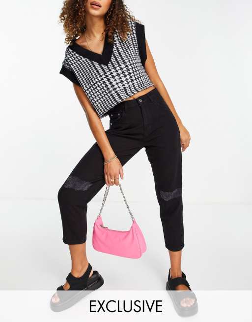 Wednesday S Girl High Waist Mom Jeans With Ripped Knees In Black Wash Denim Asos