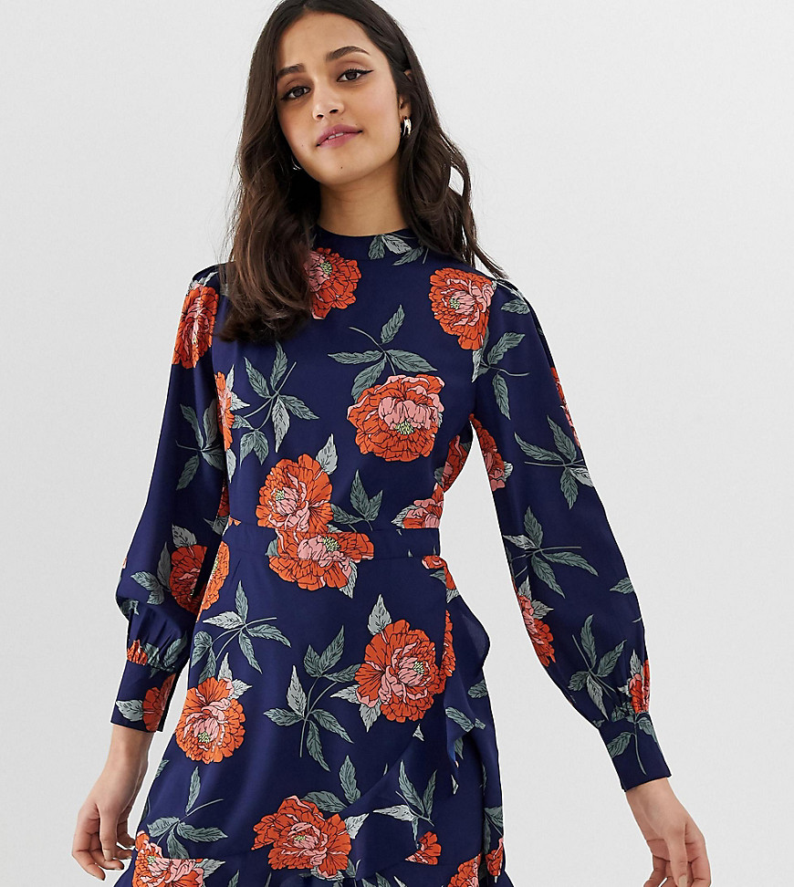 Wednesday's Girl højhalset, knælang kjole i romantisk blomstermønster-Marineblå