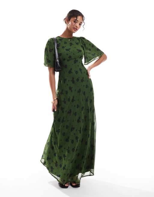 Wednesday's Girl - Hoogsluitende maxi jurk met ruches en bloemenprint in bosgroen