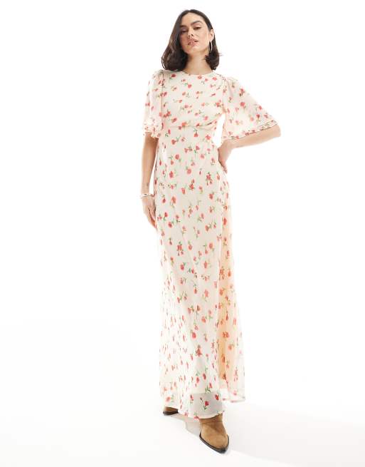Wednesday's Girl - Hoogsluitende maxi-jurk met ruches en bloemenprint in crème