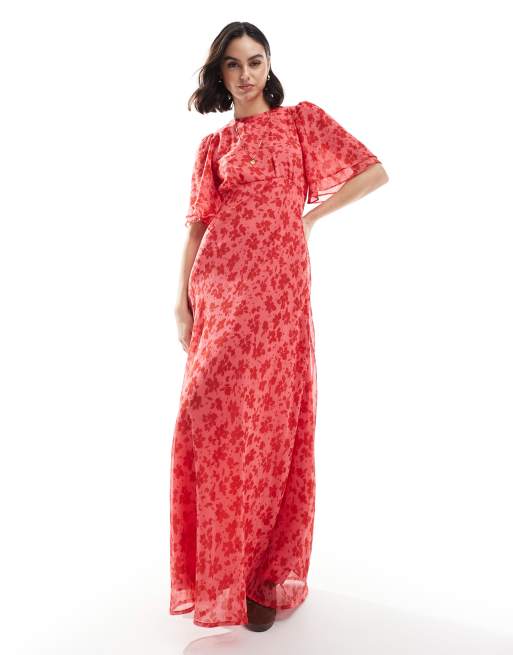Wednesday's Girl - Hoogsluitende maxi-jurk met ruches en bloemenprint in fuchsia