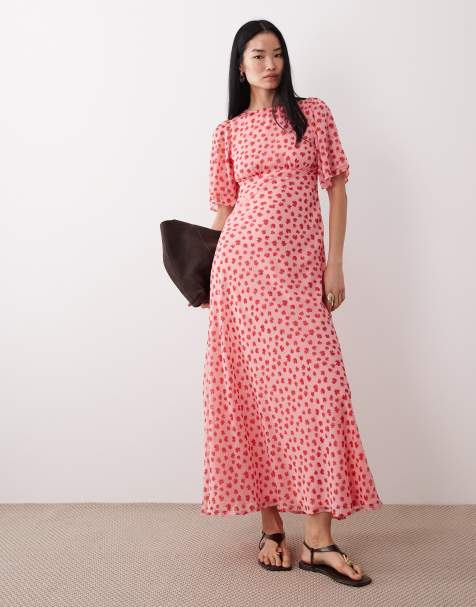 Wednesday's Girl - Hoogsluitende maxi-jurk met ruches en bloemenprint in roze - view 1