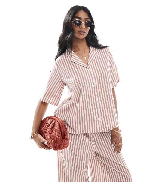 Wednesday's Girl button through linen boxy striped shirt co-ord in tan